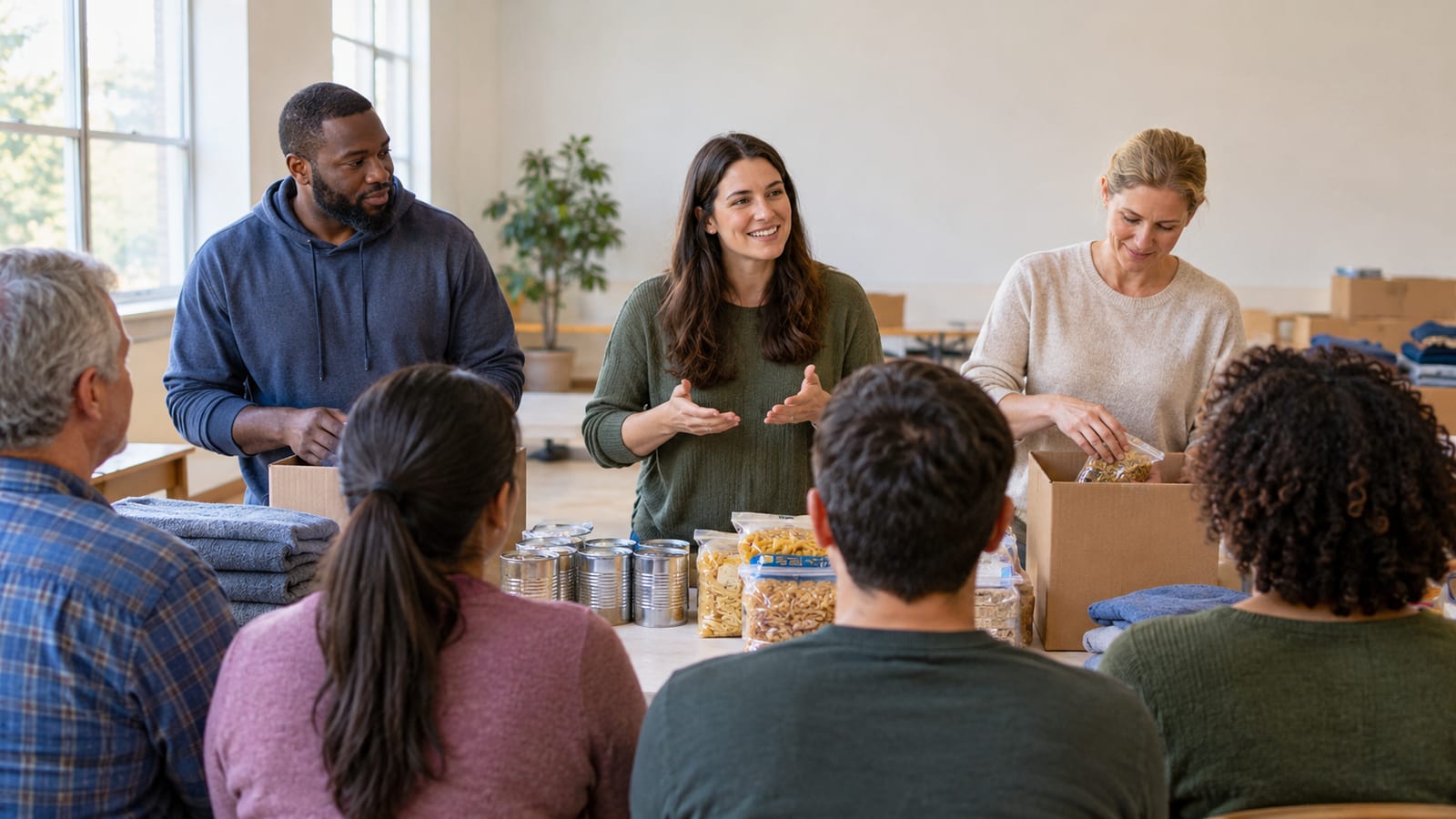 Volunteers packing canned goods and food donations into cardboard boxes together around a table