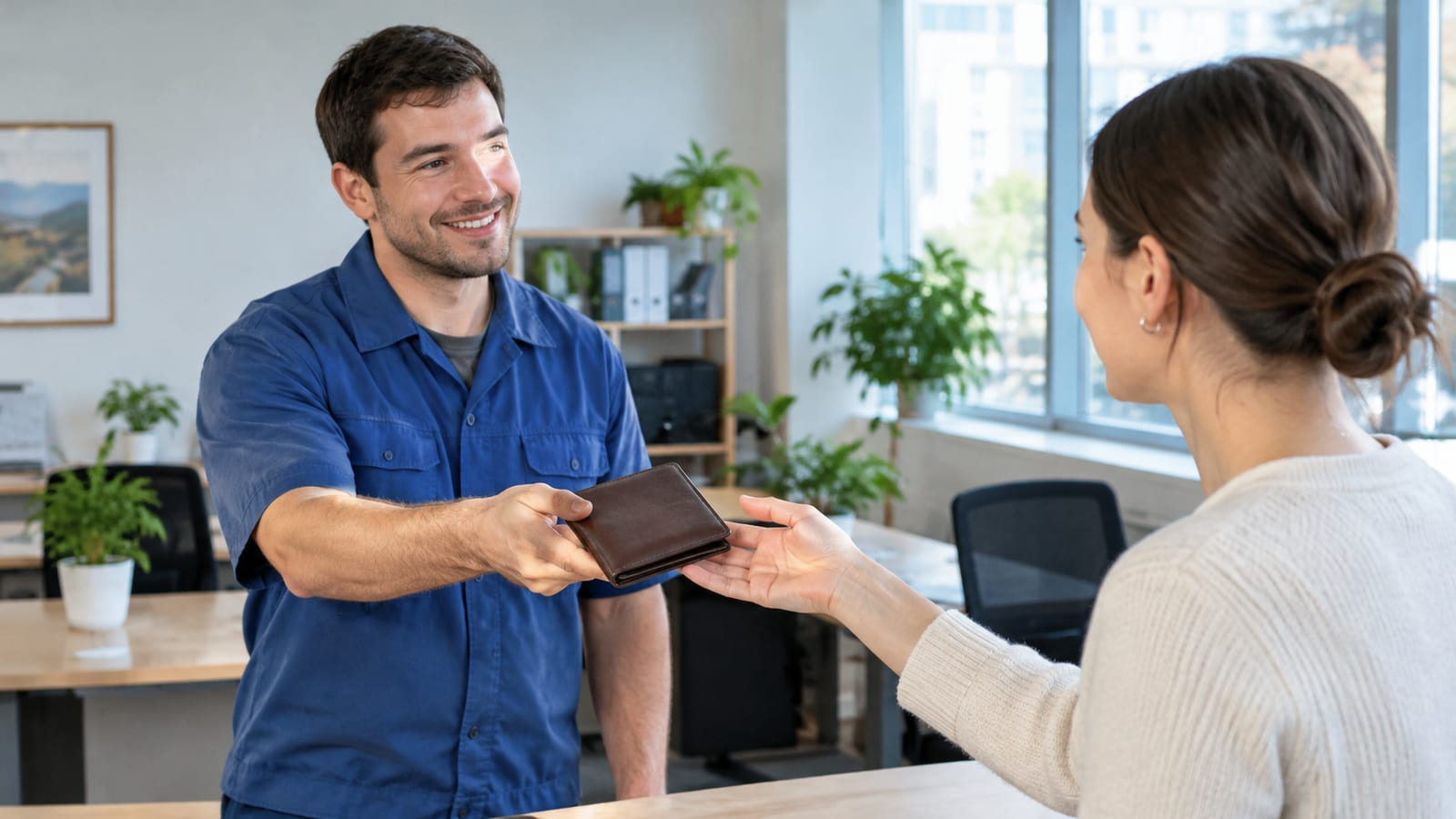 A man smiling while handing a brown wallet to a woman in an office