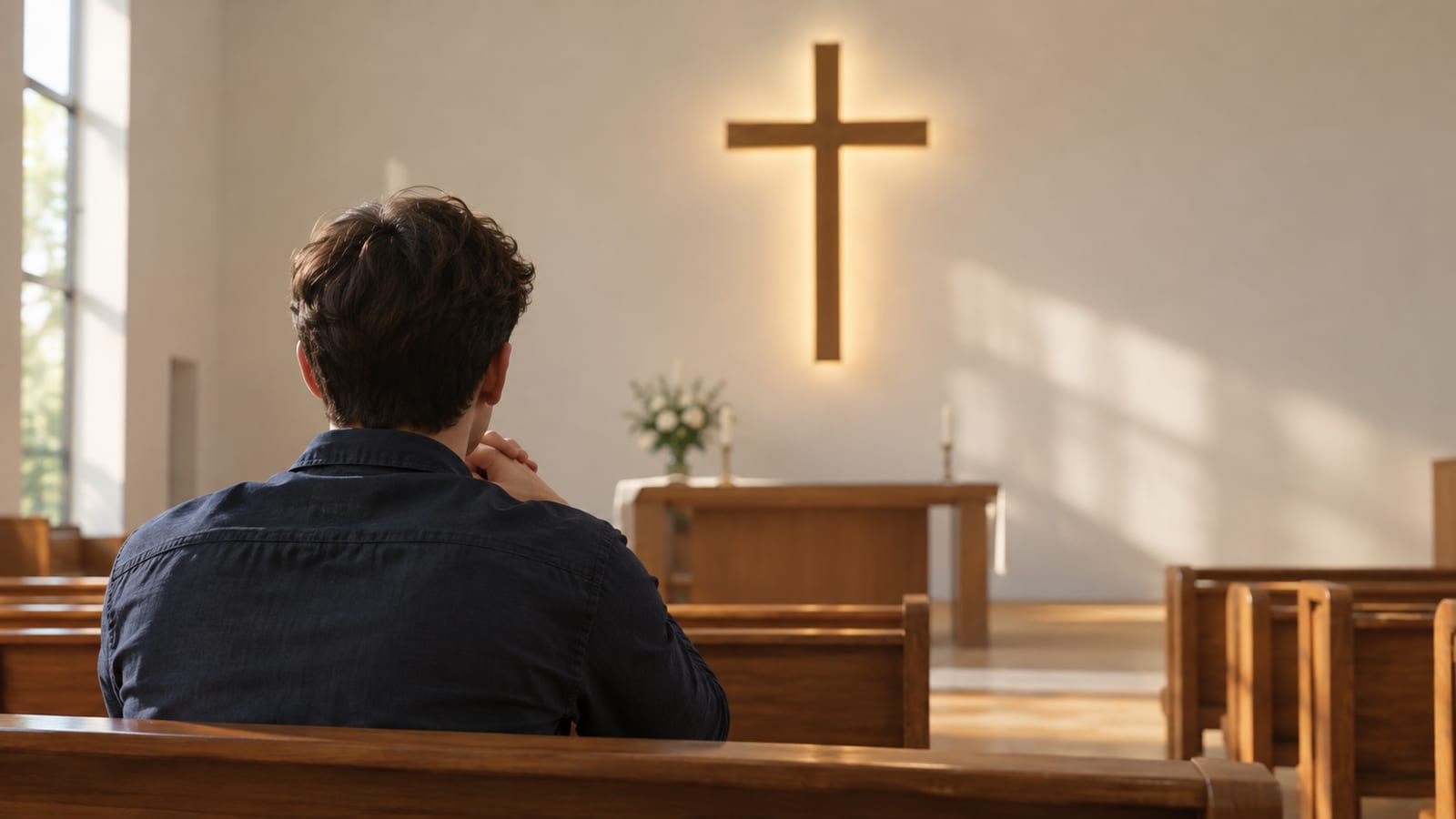 Man viewed from behind sits with hands clasped in church pew facing glowing cross