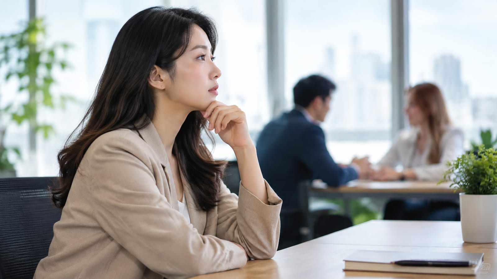 Woman in beige blazer sits at wooden table with book and pen hand on chin