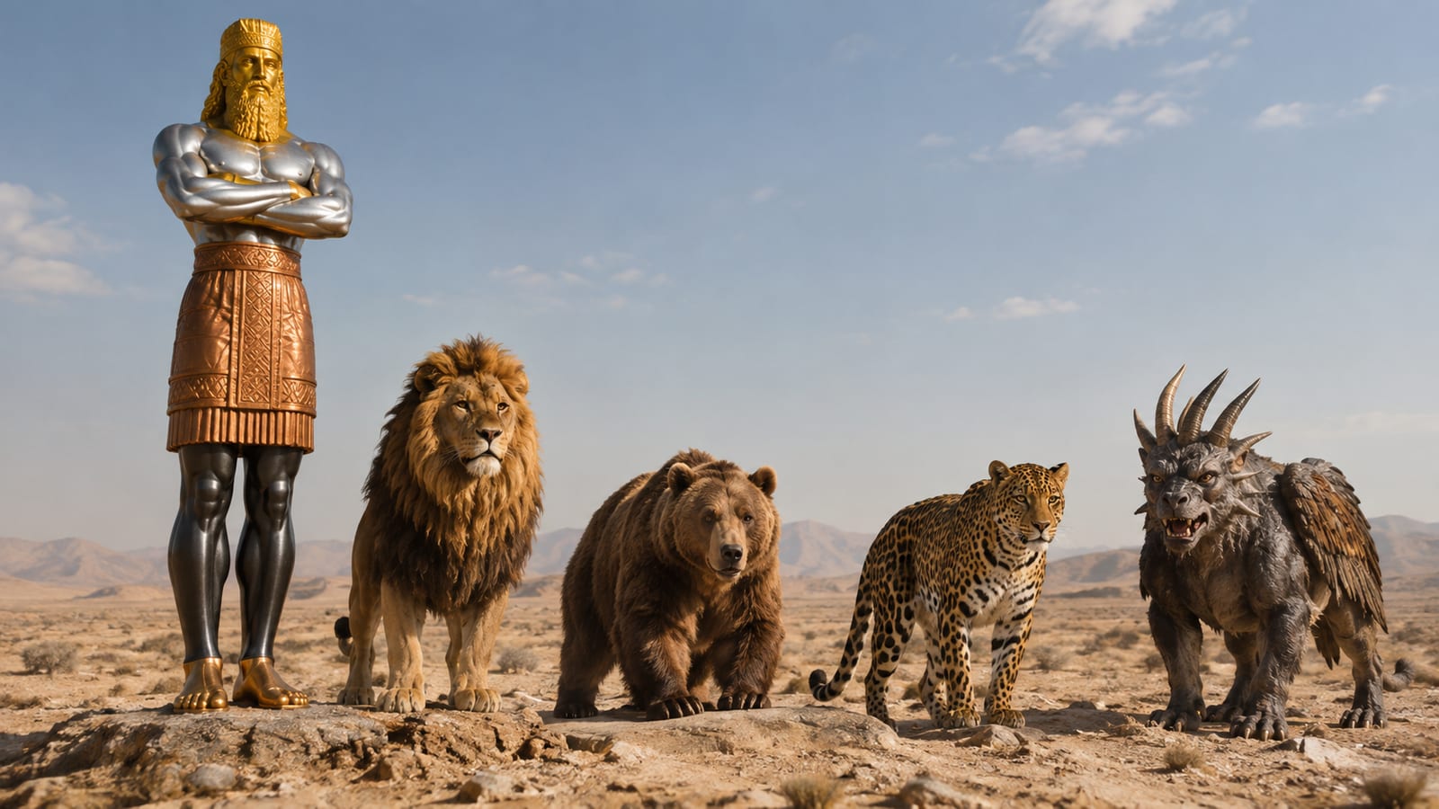 A metallic statue standing beside a lion, bear, leopard, and horned beast in a desert