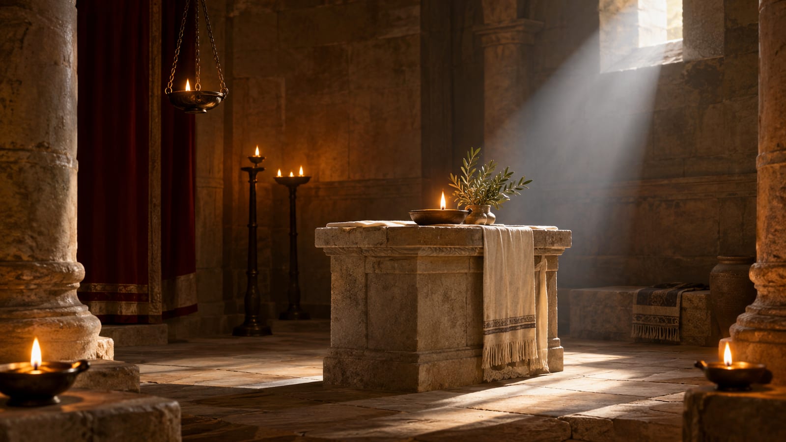 A stone altar with a burning oil lamp inside an ancient sunlit temple sanctuary